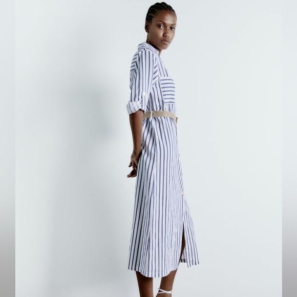 Zara Linen Blend Striped Belted Dress - Picture 8 of 9